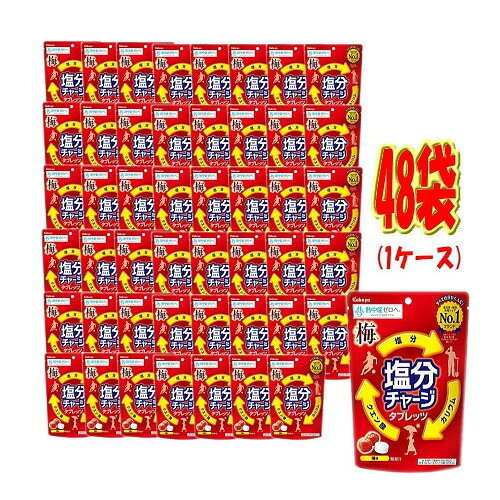 ●塩分チャージタブレッツ 梅味 81g×48袋(1ケース)● 汗をかいたら、塩分チャージ。発汗によって失われた体内の塩分を補給するのに適したタブレットです。ナトリウムとともに汗によって体から失われるミネラル「カリウム」を配合しています。タブレットのため、すばやく塩分補給ができます。梅味です。 【名称】清涼菓子【内容量】 1袋81g(個包装込) 【原材料】砂糖(国内製造)、ブドウ糖、水飴、食塩、乳糖／クエン酸Na、クエン酸、乳化剤、塩化K、香料、フマル酸Na、着色料（ビタミンB2、アカキャベツ、カラメル） 【賞味期限】2028年8月【栄養成分】 [ 1粒（標準3.0g）当たり ] エネルギー:11.3kcal たんぱく質:0.00g 脂質:0.05g 炭水化物:2.75g 食塩相当量:0.118g カリウム:15.2mg クエン酸相当量:165mg 【アレルギー成分】乳【保存方法】直射日光・高温多湿を避けて保存してください。 【製造者】カバヤ食品株式会社　岡山県岡山市北区御津野々口1100【JAN】4901550151708　