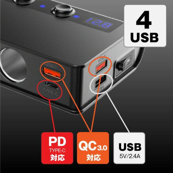 シガーソケット3連拡張ソケット4USB急速充電QC3.0対応(2ポート付き)PD(USBType-C)対応180W分配器増設車スマホスマートフォンドライブレコーダーLED電圧表示交換用ヒューズ付き12V-24V車対応シガーライター対応個別スイッチ付きで節電送料無料