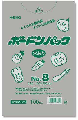 商品詳細 商品説明 曇りにくく、水滴がつきにくいので、農産物・青果物の包装に適しています。生鮮野菜、果物を扱う青果店やスーパーなどの販売店、農家、市場におすすめ。やや厚みがあるタイプで、通気性をよくするために空気穴があります。食品衛生法規格基準適合商品です。●おすすめ農産物:インゲン/さといも/オクラ●入数:100枚 メーカー名 シモジマ ブランド名 HEIKO シリーズ名 ボードンパック メーカー品番 006763358 規格 No.8 サイズ 厚0．025×幅150×高250mm カラー 透明 材質 OPP 重量 ●単品パッケージ重量:175g 生産国 日本 リサイクル重量 1.706g