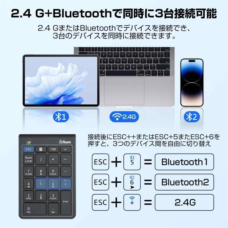 Ewin テンキー Bluetooth/ 2.4G接続 numlock非連動 ワイヤレス 数字キーボード 3台デイバス接続 Bluetoothキーボード 超薄型 左手デバイス 片手デバイス ショートカットキー 日本語対応 iOS iPadOS Windo