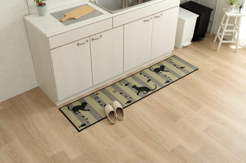 イケヒコ い草 キッチン マット kitchen mat 長方形 Fニャコルン ブラック 約43×120cm かわいい 猫 ネ..