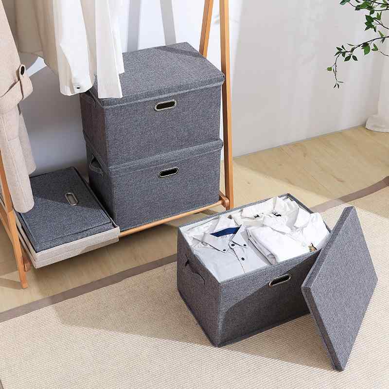 Rakuten - 収納ボックス 衣類収納 布製 整理箱 アルミリング 蓋 折りたたみ 無纺布 PP板 灰色 卡其色 格子柄 現代簡約 車載 衣柜 25L 靴 内衣 毛衣 衣物 雑物 収納