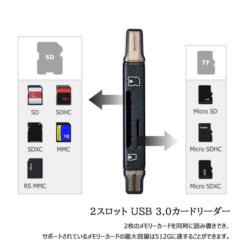 KIWIFOTOS SDカードリーダー 高速転送 2in1 USB 3.0 / Type-C 3.0 OTG機能 メモリ カードリーダー ポータブルメモリカードリーダ SD SDXC SDHC MMC RS-MMC Micro SD UHS-II カード