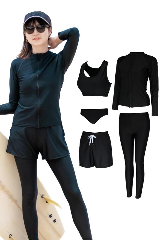 [AQXIA] ラッシュガード レディース 5点セット (プロウェイクボーダー推薦) 水着 体型カバー レギンス タンキニ ブラック XL