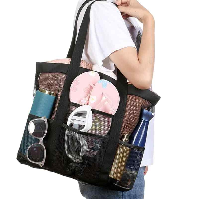 プールバッグ ビーチバッグ メッシュバッグ 10個ポケット付き 大容量 軽量 折り畳み可能 通気性・速乾性トートバッグ スイミングバッグ 手提げ 洗面用具入れ タオル 衣類 スリッパ 収納袋