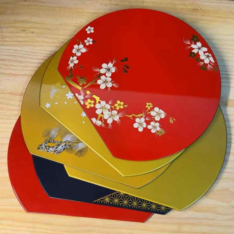 乐天商城 - 桌垫 餐垫 半円 托盘 懷石料理 板前 家用 レストラン ABS 防滑 隔熱 防水 花卉 柄 赤 桜花 松鶴 金楓葉 黒 網印 銀 金 金砂 純赤 不規則形