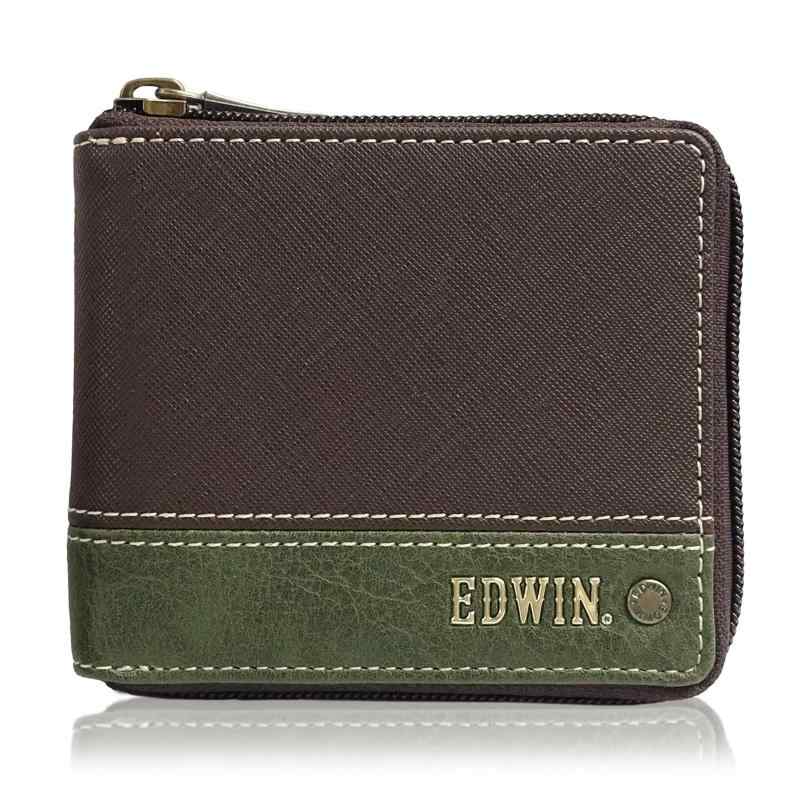 [エドウィン] 二つ折り財布 合皮 ラウンドジップ 小銭収納 紙幣収納 カード収納 エンボス ステッチ リベット メンズ ダークブラウン
