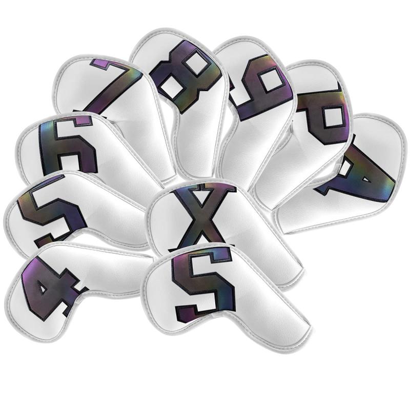 ゴルフアイアンカバー ヘッドカバー クラブカバー 10枚 番号 合成皮革製 PUレザー ロングネック マジックテープ開閉 白