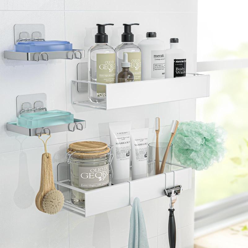 Pamyo 浴室用ラック お風呂ラック バスルーム 強力粘着固定 防水防錆 穴あけ不要 お風呂棚 洗面所 キッチン収納 スパイス収納 洗濯機横収納 防錆ステンレス フック付き 石鹸置き付き 4点セッ