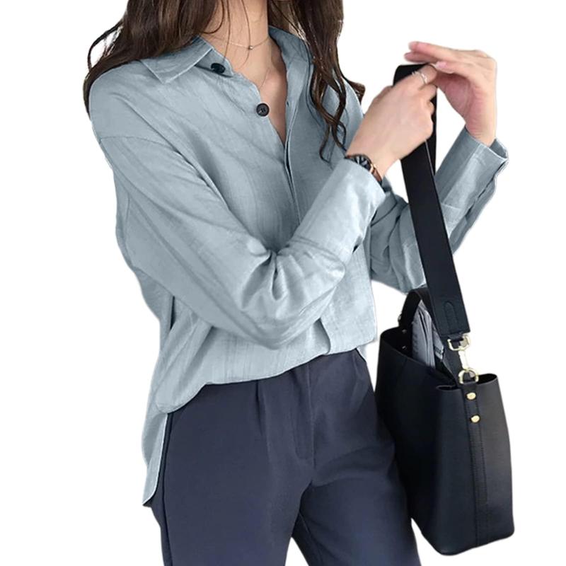 [MEME XTRA] メメエクストラ シャツ ブラウス レディース 長袖 襟付き 水色 白 オフィス 開襟シャツ 大きいサイズ 無地 カジュアル 秋物 トップス 秋服 薄手 白シャツ ゆったり きれいめ ビジネ