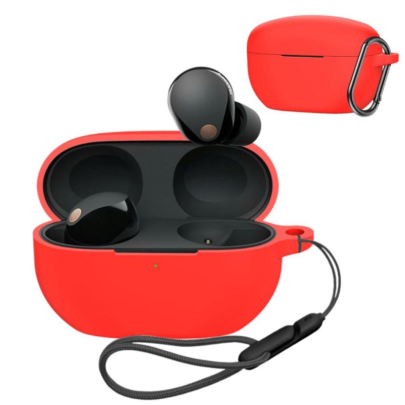 For WF-1000XM5 用 ケース【YCJDP】クライミングバックル＋調節可能ランヤード付き 防水防塵 軽量 着装まま充電可能 耐衝撃性 無臭で ソフト WF-1000XM5 用 シリコン 保護カバー（レッド）