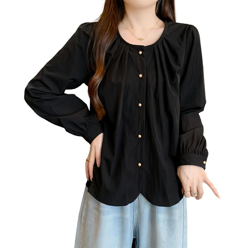 [MEME XTRA] レディース トップス ブラウス ノーカラー ラウンドネック 開襟シャツ プリーツ 長袖 無地 薄手 ゆったり フレンチレトロ ニッチ おしゃれ きれいめ シンプル カジュアル スリム ス