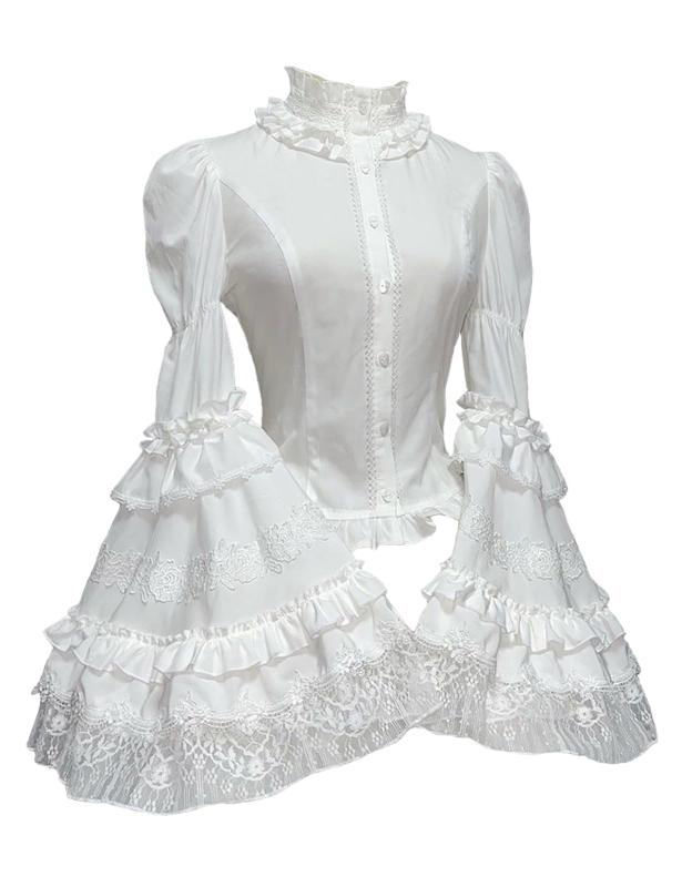 [Jundakara] バックレースアップ 姫袖 ブラウス レディース 立ち襟 ロリータ系 地雷系 花柄 レース フリル パフスリーブ 長袖 かわいい トップス ファッション 服 量産型 フレンチガーリー 学生