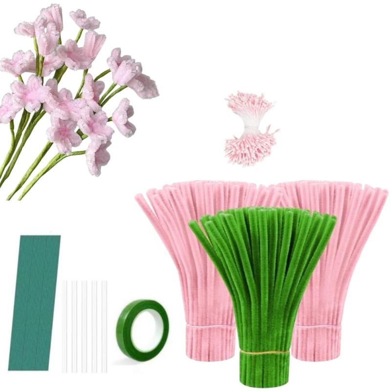 seimeinoki 手芸モール ライトピンク色*200本+緑色*100本 桜 造花 花束 ギフト 手作りキット お花 モールアート ワイヤーアート 手芸素材 ...