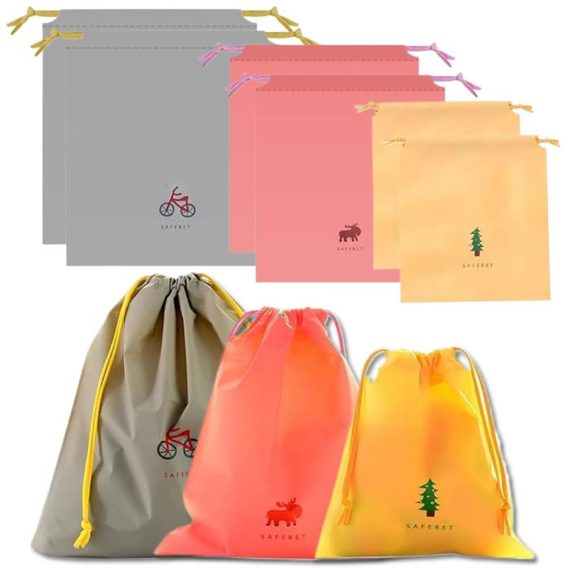 収納ポーチ 巾着袋 防水ポーチ 靴袋 着替え袋 トラベルポーチ 3サイズ S/M/L 6枚セット 巾着ポーチ 防水 防塵 軽量 再利用可能 靴/衣類/下着収納 男女兼用