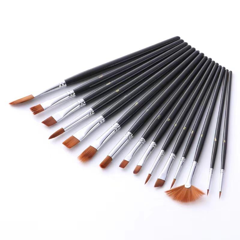 美術用品 油絵筆 ナイロン毛 絵の具 絵画 ブラック 12本 セット 画材 調色皿 油絵
