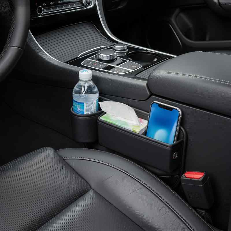 Poxvalzor カーシート隙間収納ボックス カー用品 シートサイドポケット PU皮革 大容量 ドリンクホルダー 付き 便利グッズ 車内 充電ケーブル穴設計 現金 カード 鍵 リモコン 小物入れ 収納 車