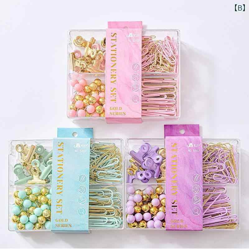 文房具セット 長尾クリップ 画鋲 ゼムクリップ 金属 プラスチック ピンク 緑 紫 軽量 収納ケース 日常 オフィス superyou-10475591 SUPERYOU サンプル画像3