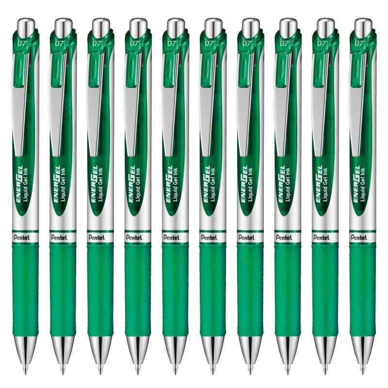 ぺんてる ボールペン ゲルインキ エナージェル ノック式 0.7mm シルバー軸 BL77-D グリーン 10本【特長】スッと書けてサッと乾く ゲルインキボールペン【ボール径】0.7mm【インキ色】グリーン【1本あたりサイズ/重さ】幅 16mm ×奥行 11mm × 長さ 147mm / 13g【材質】後軸・頭冠=再生PC ノック・前軸=ABS樹脂メッキ グリップ=エラストマー クリップ=鉄