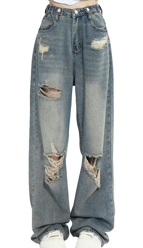 [MMTYRM] ジーンズ レディース デニム ロング パンツ ゆったり ワイドパンツ ストレッチ ダメージジーンズ ハイウエスト ロングパンツ gパン レディース デニム ストレット パンツ ブルーM