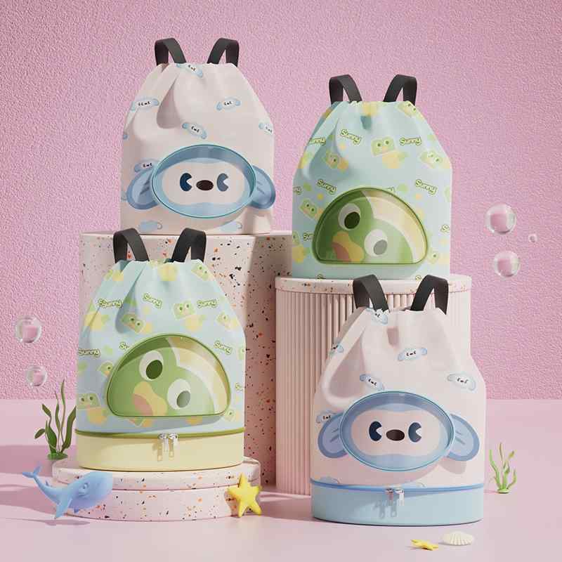 キッズ スイミングバッグ 子供 男の子 女の子 防水 乾湿分離 シューズ収納 ポケット 旅行 収納 バックパック 軽量 斜紋 EVA 立方体 ブルー グリーン