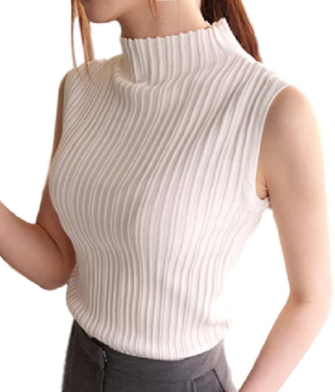 [優億] レディース ノースリーブ ハイネック ニット カットソー トップス リブニット タートルネック セーター 薄手 スリム 無地 (01タ..