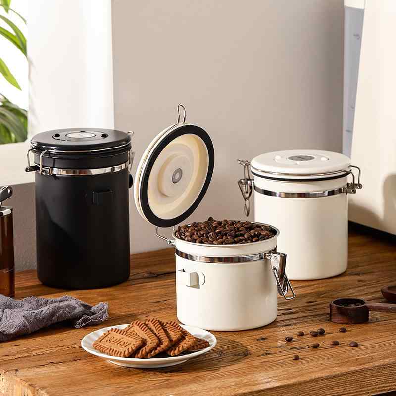 密封容器 ステンレス コーヒー 保存容器 猫 餌 食品 保存 乾燥 茶葉 粉末 果物 茶 店舗 保管 円形 1-2L スチール ホワイト 黒 緑