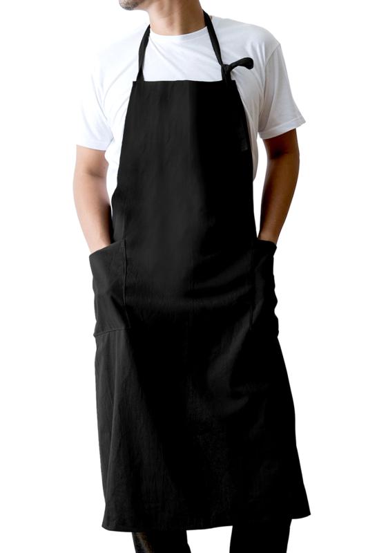  エプロン メンズ専用 撥水加工 カフェ風 リネン配合生地 長尺 すらっとエプロン(ブラック)