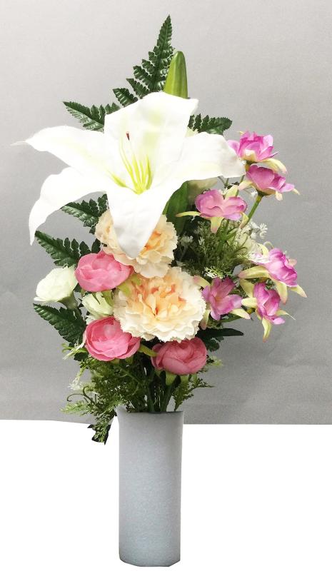 W-10226 リアルアート仏花 洋花ユリM 墓石用 光触媒付 お線香付