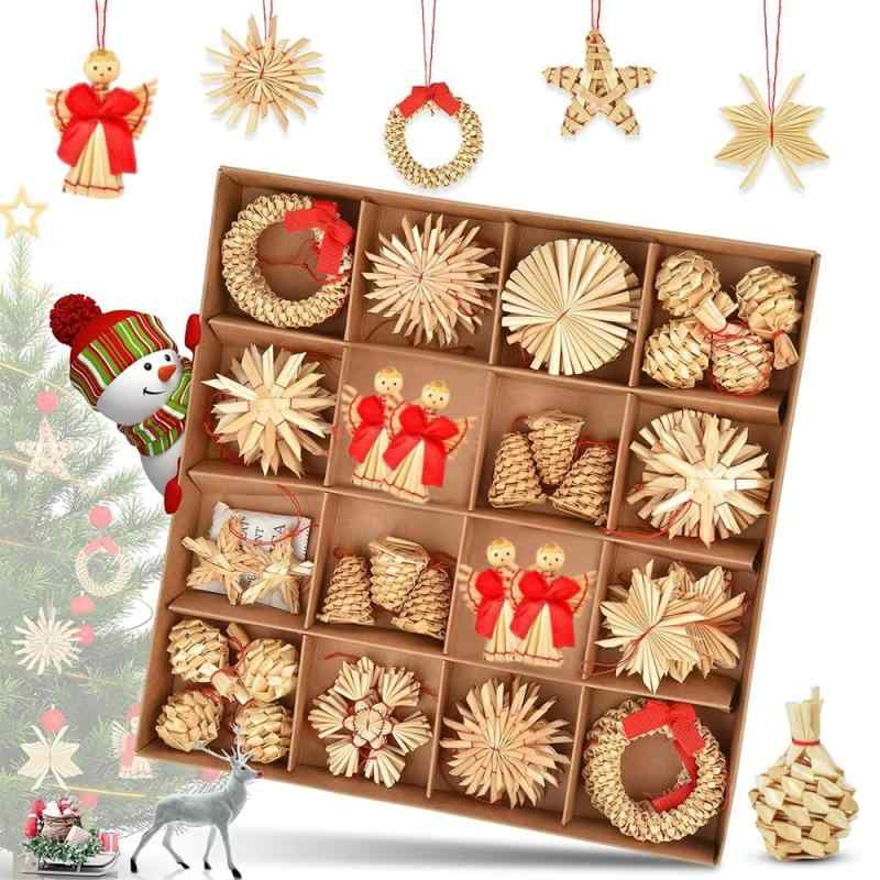 クリスマスツリー オーナメント クリスマス飾り 麦わら細工 ストロー 56点セット わら 雪花 天使 花輪 装飾品 クリスマスプレゼント ギフト 木箱入れ