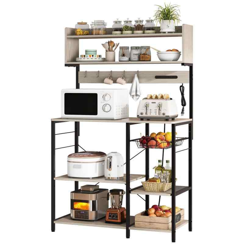 LYNCOHOME 幅90ワイドレンジラック 計4口 コンセント付き USBポート付き レンジ台 レンジボード 食器棚 キッチンラック キッチン収納 大型レンジ対応 収納バスケット付き 網かご付き（グレージ