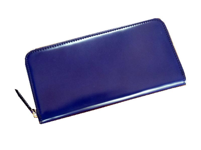 【Saint Mode（セイントモード）】贅沢に一枚革を使用コードバン(馬尻革)×本ヌメ革 ラウンドファスナー長財布 (ブルー)