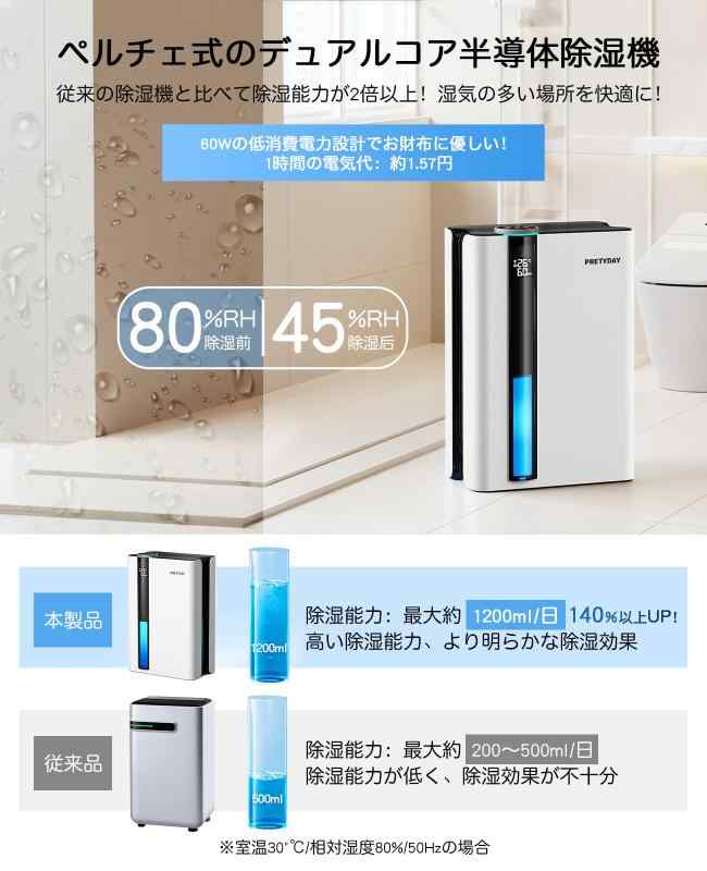 PRETYDAY 除湿機 大容量2.8L 2025新型 除湿器 小型 1200ml/日強力除湿 20畳まで対応 恒湿モード 湿度調整 満水自動停止 七色ライト 省エネ 静音 除湿乾燥機 ペルチェ式 部屋干し 梅雨 結露 湿気対策