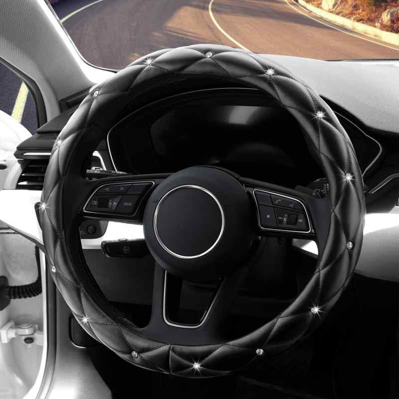 YOGURTCK ダイヤモンドソフトレザー滑り止めハンドルカバー キラキラ光るクリスタルラインストーン付き ユニバーサル15インチ レディース ガールズ 車両、セダン、SUV、バン、トラックに適