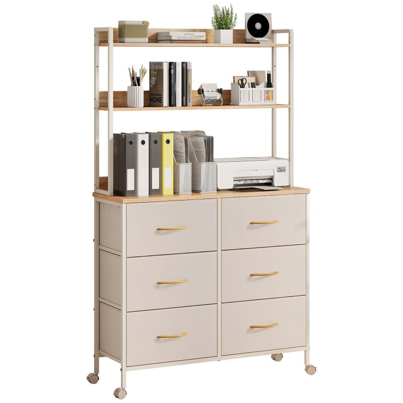 LYNCOHOME 上棚付き キャスター付き 収納チェスト タンス ベージュ 引き出し ディスプレイラック オフ..