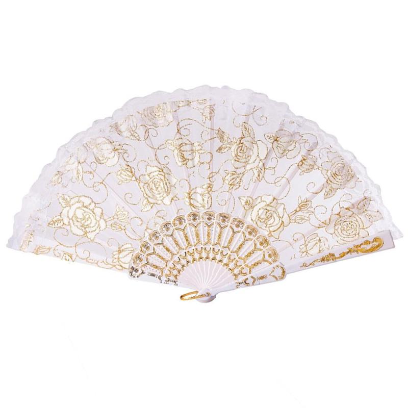 LOYELEY レース扇子 フラワーファン 薔薇 バラ柄 折りたたみ式 ダンス 踊り スペイン ドン·キホーテやスペインの踊り バレエ バレエ用品 練習用 ダンスパフォーマンス用 (白)
