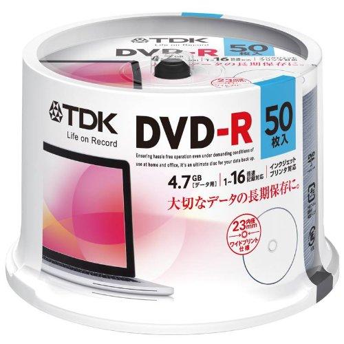 TDK データ用DVD-R 4.7GB 1-16倍速対応 ホワイトワイドプリンタブル 50枚スピンドル DR47PWC50PUE規格:-R / 容量(GB):4種類:PC用 / 記録面:片面1層 / 16倍速入数:50盤面印刷:可 / 印刷面:ワイド著作権保護:非対応