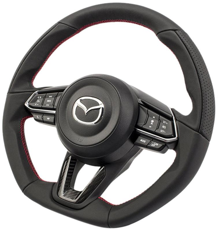 KENSTYLE(ケンスタイル)オリジナルステアリングME01C マツダ アテンザ セダン/ワゴン(GJ系)2016/8~ オールブラックレザー(レッドステッチ)&ドライカーボンパネル Mazda 6 Steering Wheel ME01C