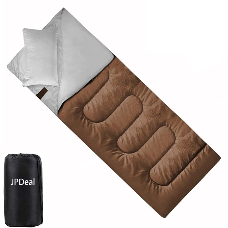 JPDeal 寝袋 封筒型 1.0kg 枕付き 210T防水シュラフ 保温 軽量 コンパクト アウトドア 登山 キャンプ 車中泊 丸洗い可能 収納パック付（ブラウン）