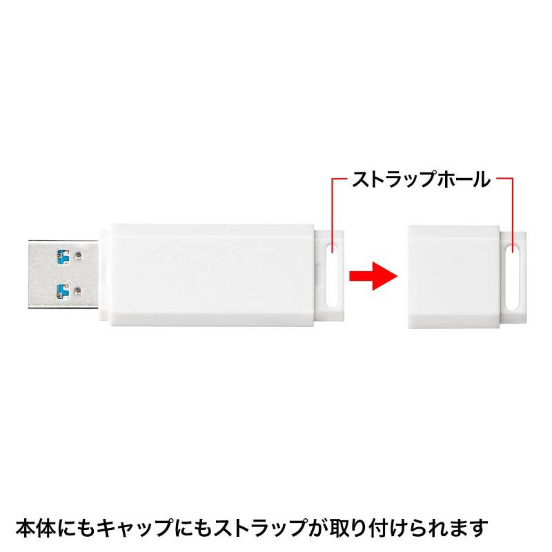 サンワサプライ USBメモリ(32GB) USB3.2 Gen1 キャップ/ストラップホール付き ホワイト UFD-3UML32GW