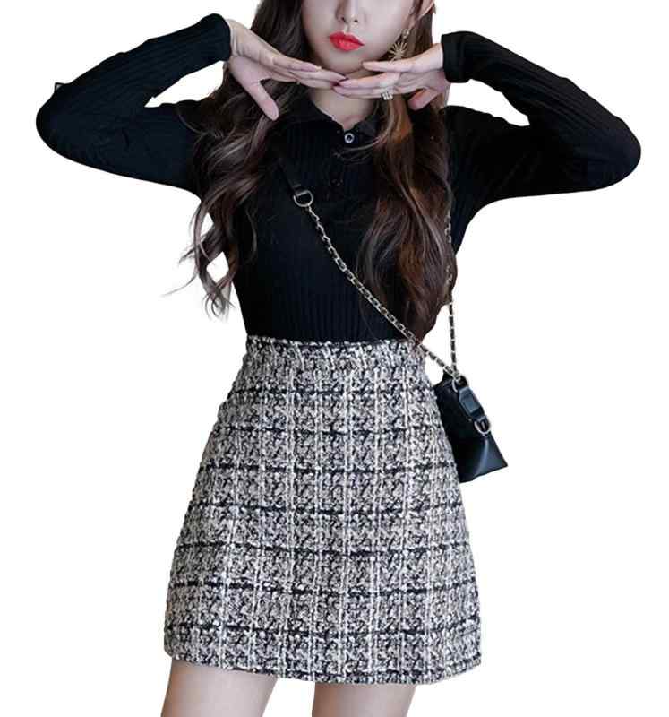 ツイード スカート ミニスカート Aライン 台形 ペンシル チェック柄 韓国 ファッション ハイウエスト 2カラー SKIRT ミニ 丈 タイト ひざ丈 膝丈 カジュアル シンプル 厚手 無地 秋 冬 美脚 足