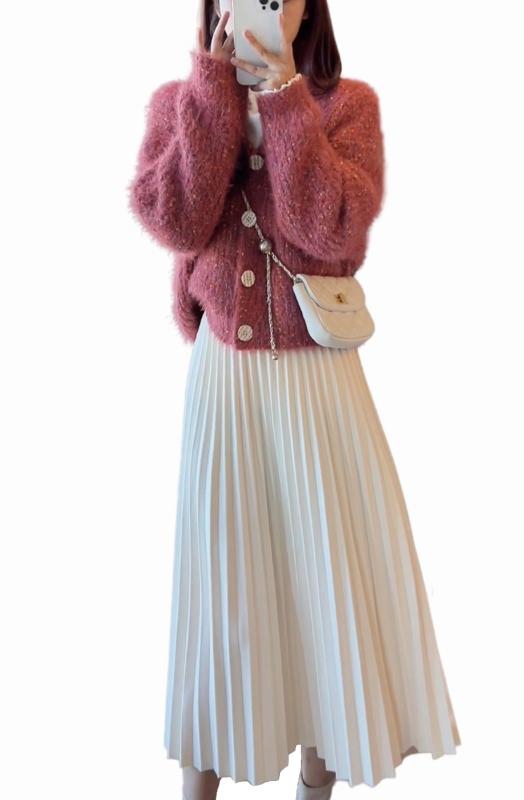 [House Yayoi] スカート ロング 裏起毛 冬 春 フレア ミモレ丈 膝丈 きれいめ 大人可愛い 膝下 ゆったり ロング丈 膝丈 体型カバー 着痩せ ハイウエスト オフィス 清楚系 通勤 プリーツ アプリコ