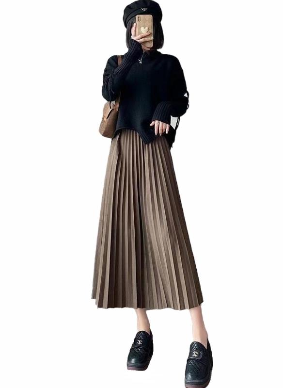 [House Yayoi] スカート ロング 裏起毛 冬 春 フレア ミモレ丈 膝丈 きれいめ 大人可愛い 膝下 ゆったり ロング丈 膝丈 体型カバー 着痩せ ハイウエスト オフィス 清楚系 通勤 プリーツ ブラウン