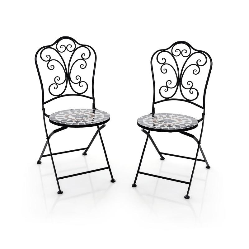 TANGKULA ガーデンチェア 2脚セット 防水 モザイク柄 折りたたみ タイルチェア アンティーク調 パティオ 庭 テラス アウトドア 屋外 屋内 アイアン製 おしゃれ ブラック