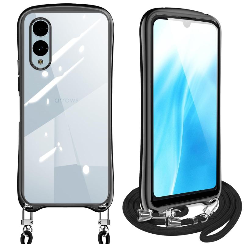 Rakuten - Arrows We2 F-52E ケース クリア ショルダー スマホケース カバー 耐衝撃 透明 TPU ストラップ付き 肩掛け 首掛け 紐付き 斜めがけ 取り外し可能 長さ調整可能(ブラック)