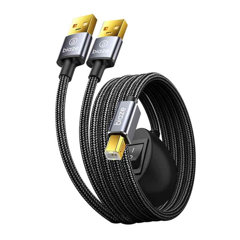 Lenovo - Biaze USB 2.0 プリンターケーブルスプリッター, 2台のPCを1台のUSBデバイスに接続, 3.5mナイロン編組ケーブル, スイッチ付き, プリンター・スキャナー・キーボード対応, モデルZH281