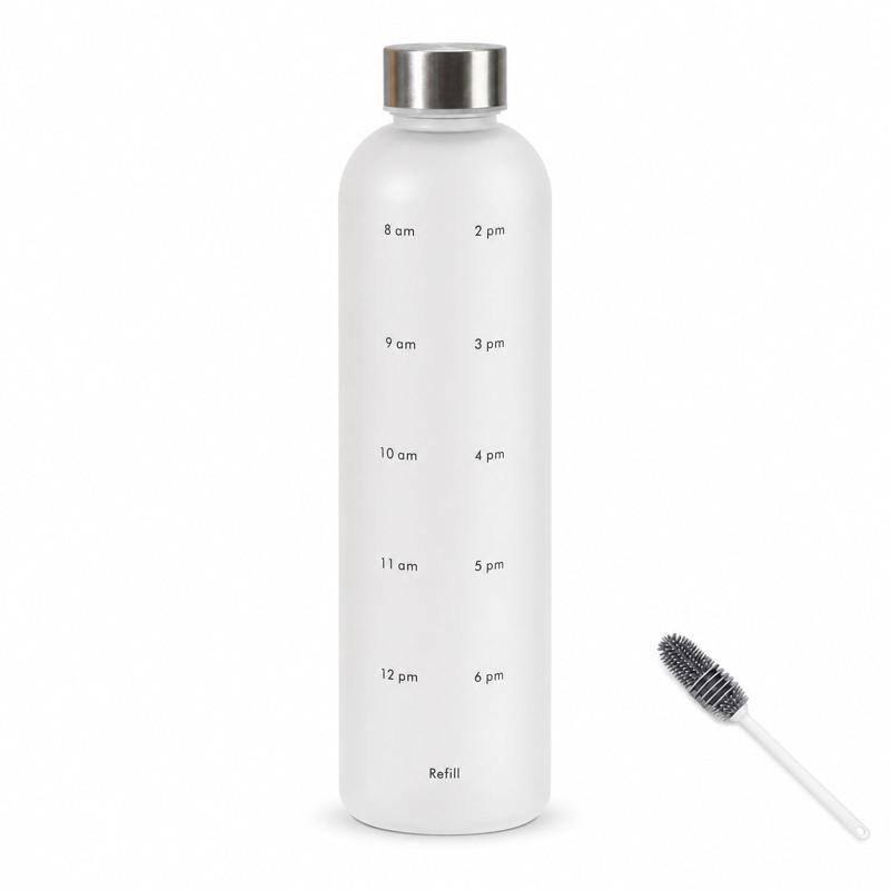 水筒 1リットル ウォーターボトル 1000ml 大容量 BPAフリー 時間メモリ付き 漏れ防止 軽量 直飲み マットカラー おしゃれ ボトルブラシ付き スポーツ ジム ヨガ アウトドア 通勤 通学