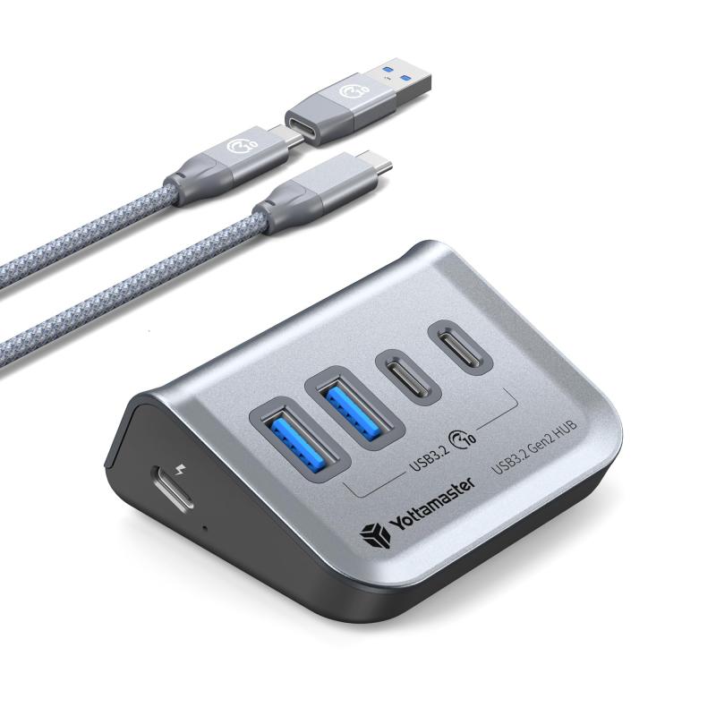 Yottamaster USBハブ 4ポート 10Gbps USB 3.2 Gen2 USB C ハブ 2 USB-A/2 USB-C データポート搭載 2-in-1 USB-A/Cケーブル付き 34°傾斜 デスクトップハブ PC ノートパソコン Mac
