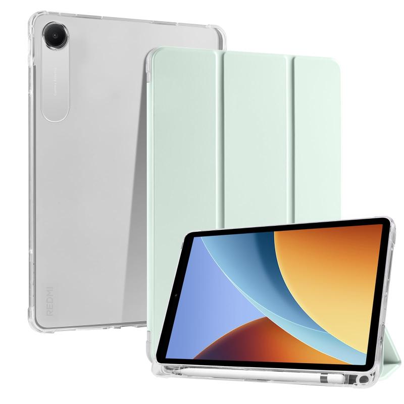 CiimWaa REDMI Pad 2 9.7インチ 用 ケース ペンホルダー付き PUレザー + シリコン バック グリーン【対応機種】REDMI Pad 2 9.7インチ 対応 専用ケース。その他のモデルには対応しません、ご購入前にモデルをよくご確認いただきます。【高品質な素材を採用】蓋の表面には、手触りが良く高級感にあふれるとともに耐久性に優れた高級PUレザーを使用し、滑らかで上品な質感を実現しています。バックケースには、耐衝撃性に優れ、しっかりとした耐久性を持つシリコン（半透明）を採用しており、指紋や汚れが目立ちにくく美観を保ちやすい仕様です。この背面素材はタブレット本体をソフトに包み込みながら、予期せぬ落下時の衝撃をやわらげ、本体へのダメージを効果的に軽減します。これらの高品質素材と緻密なデザインにより、タブレットに最適な保護力を提供し、日常使用において安心して使える一品となっています。【三つ折りスタンド】 蓋の部分には折り目が2ヶ所設けられており、折り曲がると手軽にスタンドに立てかける仕様より、タイピングや動画視聴などの2つの角度をご必要に応じてに使い分けられて、両手解放で動画鑑賞を楽々に楽しめ、仕事やゲームなどにもより快適に進められます。【シンプルがクラシックのデザイン】 寸法等は精度良いて、ケースを装着したままでも高い操作性を確保します。ケースは本体にピッタリとフィットしています。電源ボタン、音量調節ボタンも大変押しやすいです。半透明の背面カバーは、耐衝撃で指紋や傷から保護しながら、Pad本来の美しさをそのまま活かせます。【オートスリープ機能】 オートスリープ機能対応モデル、 カバーをあけると電源が自動的にON、閉じると電源が自動的にOFF。電源ボタンを押す手間も省けますし、バッテリーの消耗を最小限に抑えることが可能です