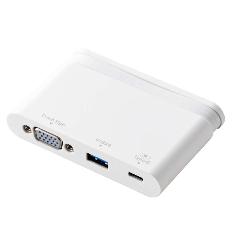 エレコム ドッキングステーション USB-C ハブ PD対応【充電&amp;データ転送用Type-C/USB3.0/D-sub】ケーブル収納 ホワイト DST-C07WHUSB Type-C(TM)コネクターでパソコンに接続し、パソコンを充電しながら、USB3.0機器やVGAディスプレイを接続できるドッキングステーションです。ケーブルが本体にピタッと収納でき、軽量でスリムな設計なので、持ち歩きに便利です。パソコン本体との接続は、最大5Gbps(理論値)とUSB2.0の約10倍の超高速データ転送を実現するUSB3.1 Gen1に対応しています。USB Type-C(TM)コネクターを経由して最大100W()の大電力をデバイス/パソコン本体に供給するUSB Power Deliveryに対応しています。製品本体にて8Wを消費しますので、実際の出力は最大92Wとなります。